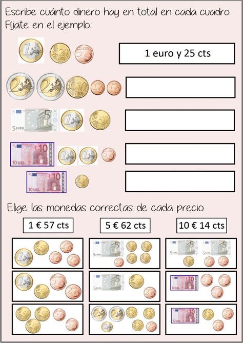 ejercicios fichas de monedas y billetes de euro para imprimir|Fichas con Monedas y Dinero para Niños. Actividades con Euros.